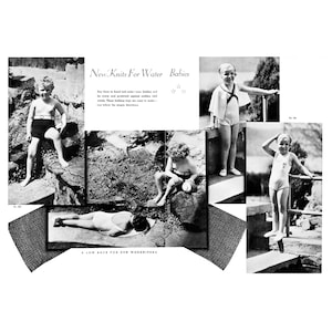 Könnte beinhalten: Eine Schwarzweiß-Fotocollage von Kindern in gestrickten Badeanzügen. Der Text "New Knits For Water Babies" befindet sich oben in der Collage. Der Text "A Low Back For Sun Worshippers" befindet sich unten in der Collage.