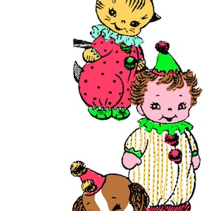 May include: A vintage illustration of three animal characters dressed as clowns. A yellow cat with black stripes wears a red and white polka dot outfit with a green hat. A brown and white dog with floppy ears wears a blue and white checkered outfit with a red hat. A child with brown hair wears a yellow and white striped outfit with a green hat. The illustration is titled "Design 7423".
