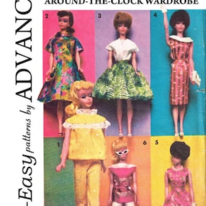 May include: A vintage Barbie doll sewing pattern booklet with six patterns for a doll's wardrobe. The cover features illustrations of Barbie dolls wearing different outfits, including a dress, skirt, pants, and a top. The text on the cover reads "Sew-Easy patterns by ADVANCE Barbie GROUP D 6 PATTERNS MATTEL TEEN AGE FASHION DOLL PATTERNS AROUND-THE-CLOCK WARDROBE".