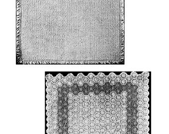 May include: Two crocheted squares, one with a simple stitch and the other with a more intricate floral design.