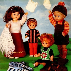 May include: A knitting pattern for four dolls, including a girl in a white crocheted top and red skirt, a boy in a striped sweater and red pants, a girl in a green dress with a crocheted vest, and a boy in a striped sweater and overalls. The pattern is for DK and 4 ply yarn and is number 412.
