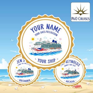 May include: Three circular scalloped-edge stickers featuring a cruise ship illustration with a Union Jack bow design. The text includes placeholders like YOUR NAME, YOUR DATE/OCCASION, and YOUR SHIP, alongside examples like JEN'S TYING THE KNOT 2026 BRITANNIA and THE REYNOLDS FAMILY TRIP 2027 ARCADIA.