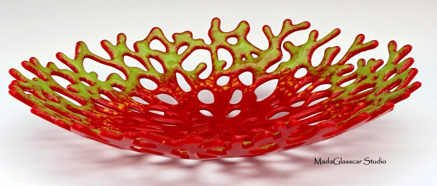 Red and Green Fused Glass Coral Bowl