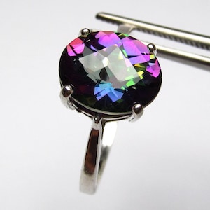Wonderful Genuine Mystic Rainbow Topaz Checkerboard Oval in Sterling Silver Ring