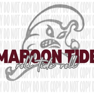 May include: A maroon and white graphic with the text "MAROON TIDE" and "roll tide roll" in a stylized font. The graphic features a cartoon-style Alabama Crimson Tide mascot.