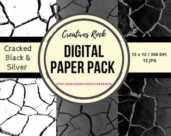 3 Cracked Black & Silver Paper Pack, 12 x 12 Printable | Instant download,Background, Scrapbook