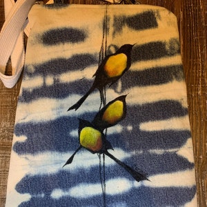 Hand Painted Denim Purse, Handmade Purse; Upcycled/Recycled Handpainted Birds on Blue Jean Crossbody Bag