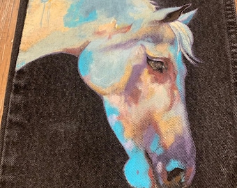 Hand Painted Teal and Creme Art Horse Jeans: Upcycled Denim, Size 36x32