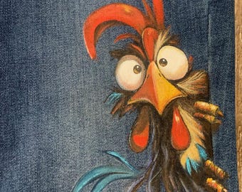 Hand Painted Peeking Rooster Bell Bottom Jeans, Size 8