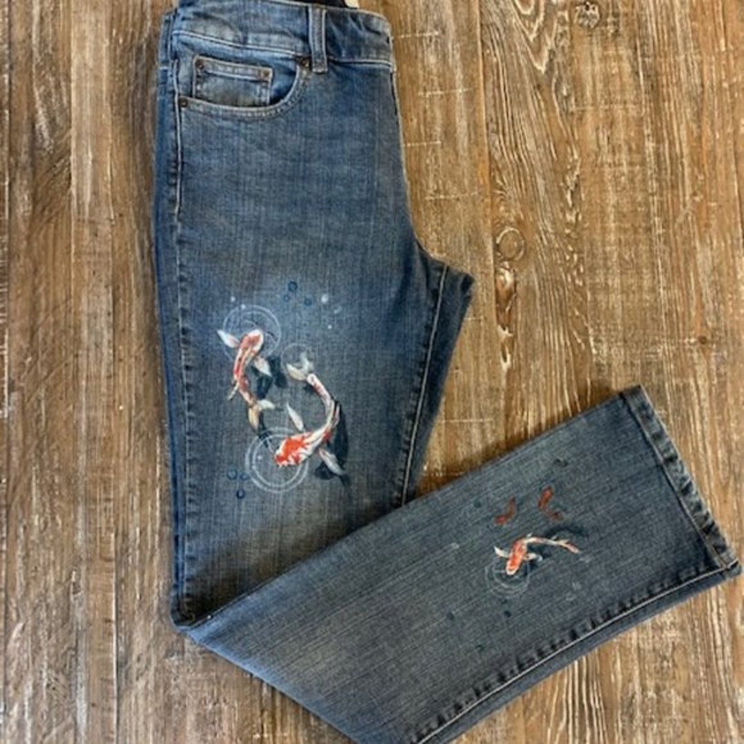 Painted Jeans Hand Painted Koi Fish on Denim Blue Jeans Women's Jeans