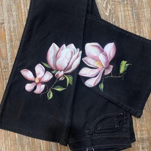 Painted Jeans - Beautiful Hand Painted Pink Magnolias on Denim Jeans - Women&#39;s Jeans - Upcycled/Recycled - Size 9