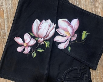 Painted Jeans - Beautiful Hand Painted Pink Magnolias on Denim Jeans - Women's Jeans - Upcycled/Recycled - Size 9