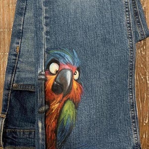 Painted Jeans - Fun Hand Painted Peeking Crazy-eyed Parrot on Denim ...