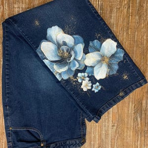 Painted Jeans - Beautiful Hand Painted Floral Denim Jeans - Women&#39;s Jeans - Upcycled/Recycled - Size 36W