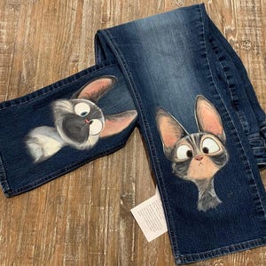 Painted Jeans - Silly Hand Painted Cats on Denim Blue Jeans - Women&#39;s Jeans - Upcycled Recycled - Size 16 Petite