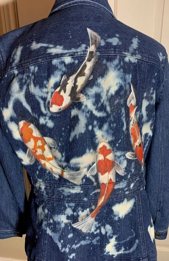 Painted Denim Jacket Hand Painted Koi Fish on Blue Jean Jacket
