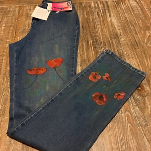 CLEARANCE: Painted Jeans - Hand Painted Poppies on Denim Jeans - Floral Jeans - Women&#39;s Jeans - Upcycled/Recycled - Size 6T