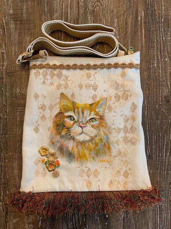 CLEARANCE Handmade Maine Coon Cat Hand Painted Denim Crossbody