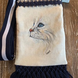 Handmade, Hand Painted Cats Crossbody Denim Purse - Upcycled/Recycled Boho Handpainted Blue Jeans Bag