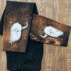 Artsy Painted Jeans - Hand Painted White Buffalo on Black Denim Jeans - Women&#39;s Jeans - Upcycled/Recycled - Size 16