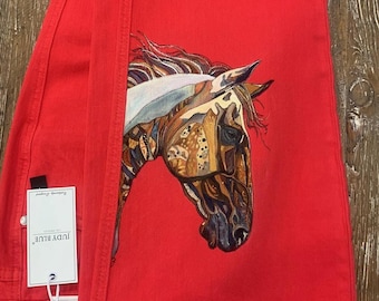 Hand Painted Art Horse Red Denim Jeans, Size 11