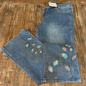 Painted Jeans - Hand Painted Flowers on Denim Blue Jeans - Women&#39;s Jeans - Upcycled/Recycled - Size 14