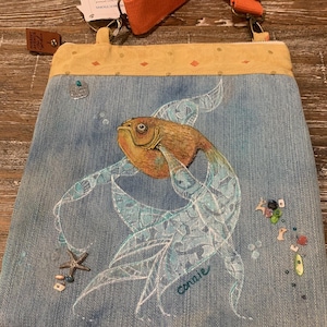 Wonderful Lace Fish Hand Painted, Handmade on Denim Crossbody Purse; Upcycled/Recycled Handpainted Blue Jean Bag