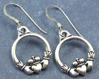 Silver Claddagh Earrings on Sterling Silver Ear Wires, Irish Claddagh Symbol Jewelry, Friendship Love Loyalty