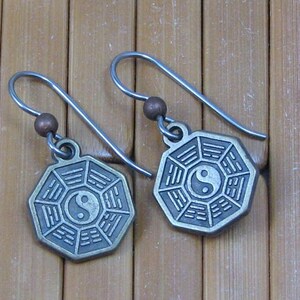 Ba Gua Earrings with Yin Yang Symbol on Hypoallergenic Ear wires, Asian Feng Shui Bagua Symbol Jewelry