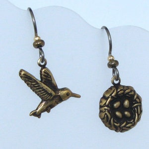 Gold Bird and Nest Earrings on Hypoallergenic Ear Wires, Mismatched Asymmetrical Earrings, Bird Watcher Gift