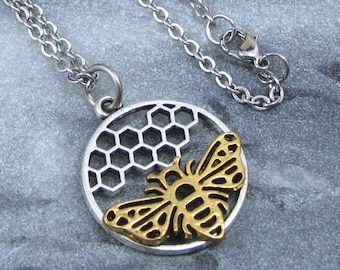 Bee Pendant on 20 inch Stainless Steel Chain, Gold and Silver Bee and Honeycomb Jewelry, Gift for Bee Lover