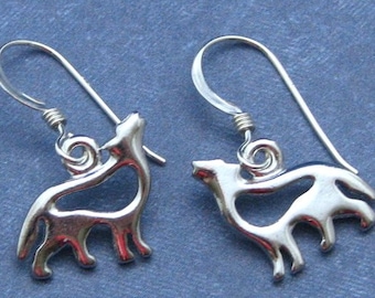Silver Wolf Earrings on Sterling Silver Ear Wires, Southwest Howling Wolf Jewelry