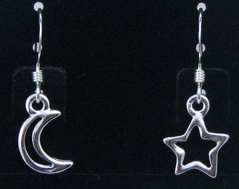 Silver Moon and Star Earrings on Sterling Silver Ear Wires, Celestial Jewelry, Asymmetrical Mismatched Earrings