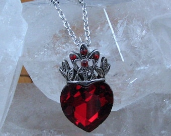 Red Heart with Crown Pendant on 20 inch Stainless Steel Chain, Red Rhinestone Heart Necklace, Heart Jewelry