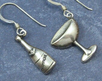 Silver Champagne and Goblet Earrings on Sterling Silver Ear Wires, Celebration Anniversary or Wedding Jewelry, Mismatched Earrings
