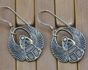 Gold Winged Scarab Earrings on Gold Filled Ear Wires, Scarab Jewelry, Egyptian Scarab Earrings, Egyptian God Ra, Gift for Her