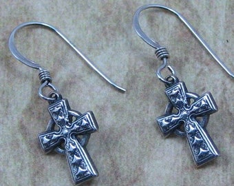 Antiqued Silver Cross Earrings on Sterling Silver Ear Wires, Celtic Christian Cross Jewelry