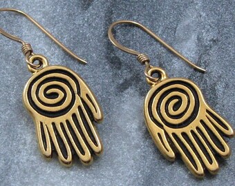 Petroglyph Styled Gold Hand with Swirl Earrings on Gold Filled Ear Wires, Primitive Spiral Hand Jewelry