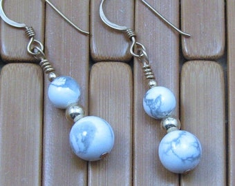 Howlite Bead Earrings on Gold Filled Ear Wires, Genuine White and Gray Natural Stone Jewelry