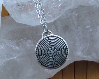 Silver Labyrinth Pendant on 20 inch Stainless Steel Chain, Labyrinth Necklace Jewelry