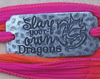 Slay Your Own Dragons Bracelet, Pink and Orange Wrapped Ribbon Bracelet, Fantasy Dragon Jewelry