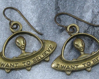 Alien Earrings on Hypoallergenic Ear Wires, Alien in Spacecraft Charm Jewelry