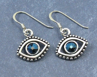 Silver and Blue Evil Eye Earrings on Sterling Silver Ear Wires, Talisman Earrings, Amulet Jewelry
