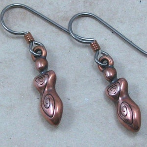 Copper Goddess Earrings with Spiral Design on Hypoallergenic Ear Wires, Mother Goddess Jewelry, Fertility Goddess Charms