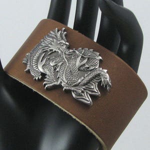 Brown Leather Dragon Cuff with Antiqued Pewter Asian Dragon, Fantasy Dragon Bracelet