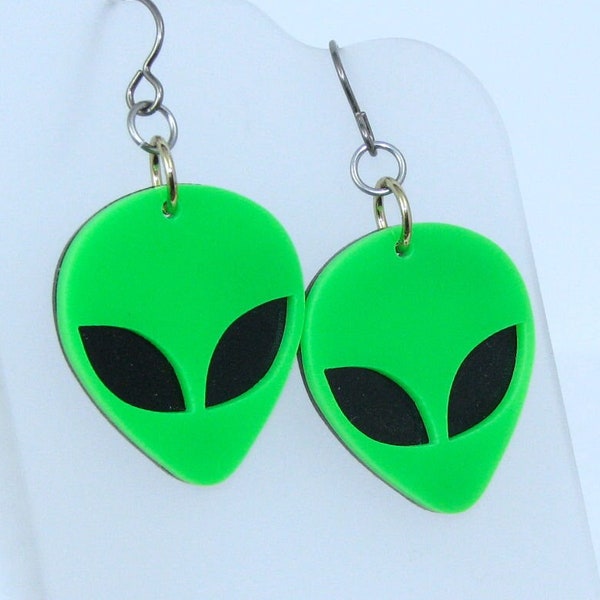 Alien Head Earrings on Hypoallergenic Ear Wires, Green and Black Alien Head Charm Jewelry