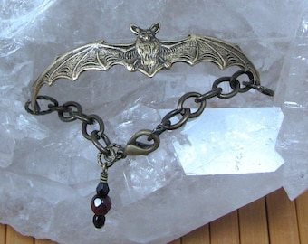 Gothic Bat Bracelet with Beaded Dangle, Antique Gold Brass Bat Cuff, Halloween Bat Jewelry
