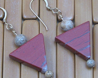 Triangular Red Jasper and Picture Jasper Earrings on Gold Filled Ear Wires, Natural Stone Jewelry