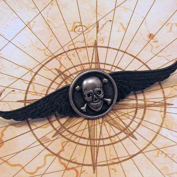 Skull and Crossbones Black Winged Pin, Goth Rocker Pin, Steampunk Jewelry, Airship Pirate, Captain's Skull Pin
