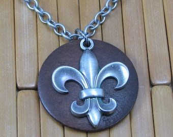 Fleur-De-Lis Pendant on 30 Inch Pewter Chain, Wood and Pewter Fleur De Lis Necklace